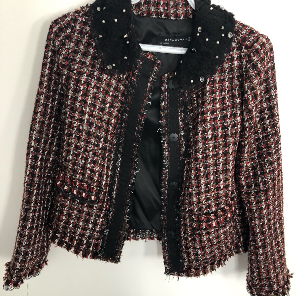 Zara Women's Chic Black and Red Tweed Blazer knitted